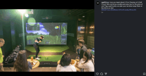 An instagram post of x-golf frisco indoor golf event space and golfing simulators. It has a man swinging and an instagram caption for a discount.